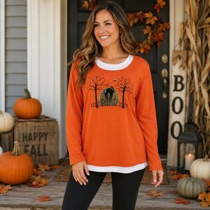 Halloween Black Cat Shirt XL White Stag Orange Long Sleeve Spooky Y2K Tee